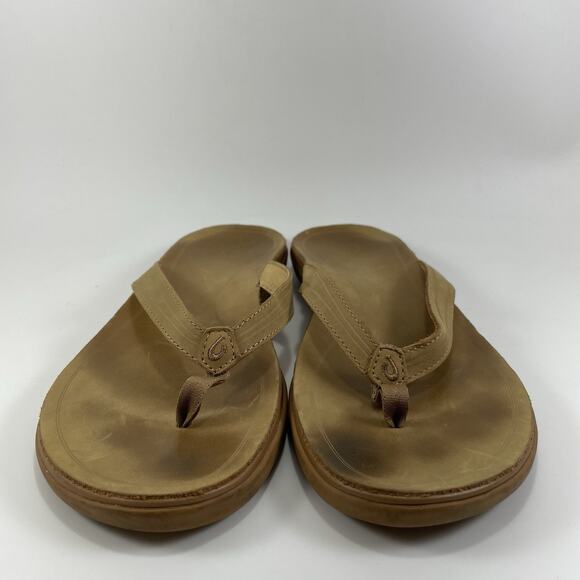 Olukai Aukai Leather Flip Flops Womens Size 10 Brown Tan Sandals Hawaiian Beach - Picture 2 of 9